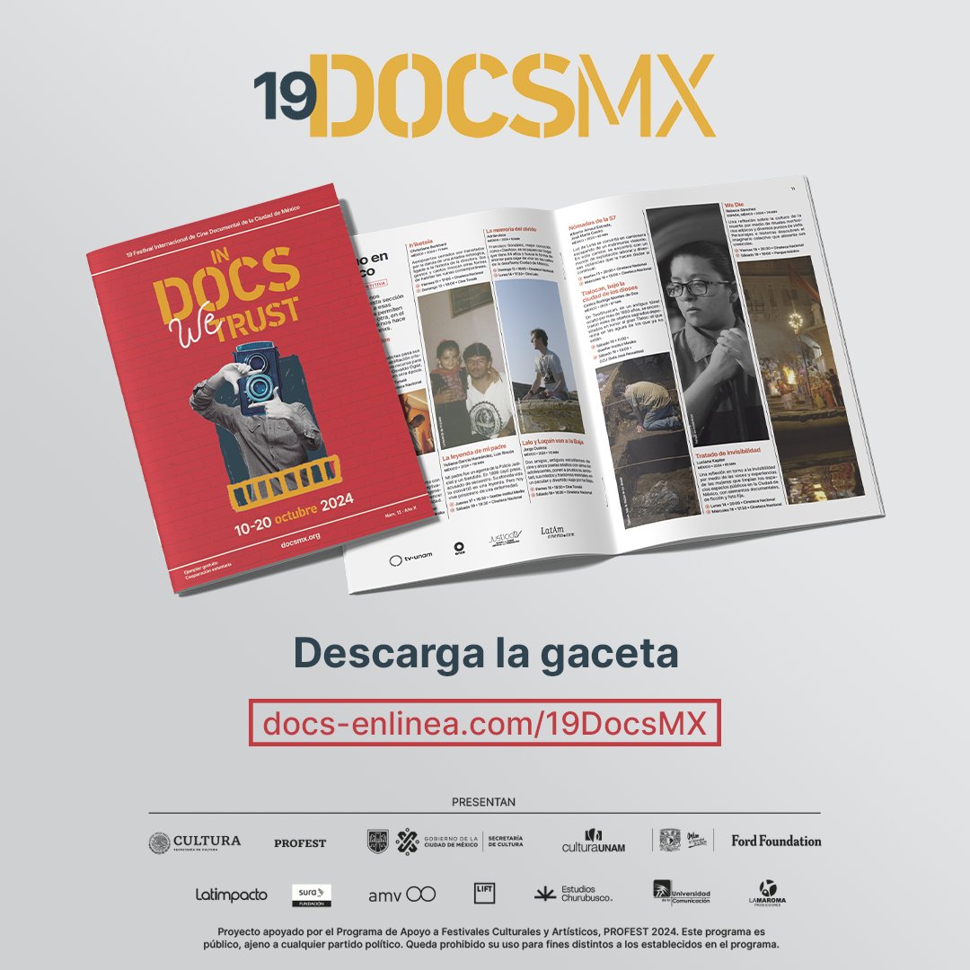 ¡Arma tu agenda del #19DocsMX! 📌🗓️

Ya puedes descargar la gaceta con las proyecciones por día y toda la información de las actividades que hemos preparado este año.

⬇️ bit.ly/gaceta19DocsMX
