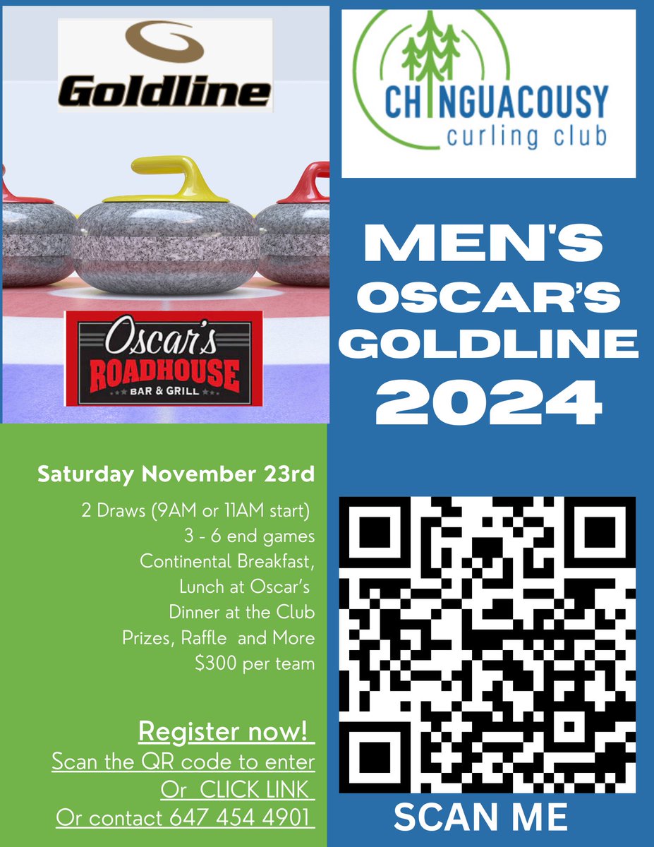 It’s back! Oscar’s-Goldline Bonspiel - Sat Nov 23rd. Two draws 9 or 11 AM, three 6-end games, +++ food included in entry fee. $300 team entry fee. Register as team or individual today! 🥌<a href="/GoldlineCurling/">Goldline Curling</a> <a href="/torontocurling/">Toronto Curling</a> #curling #brampton #bonspiel