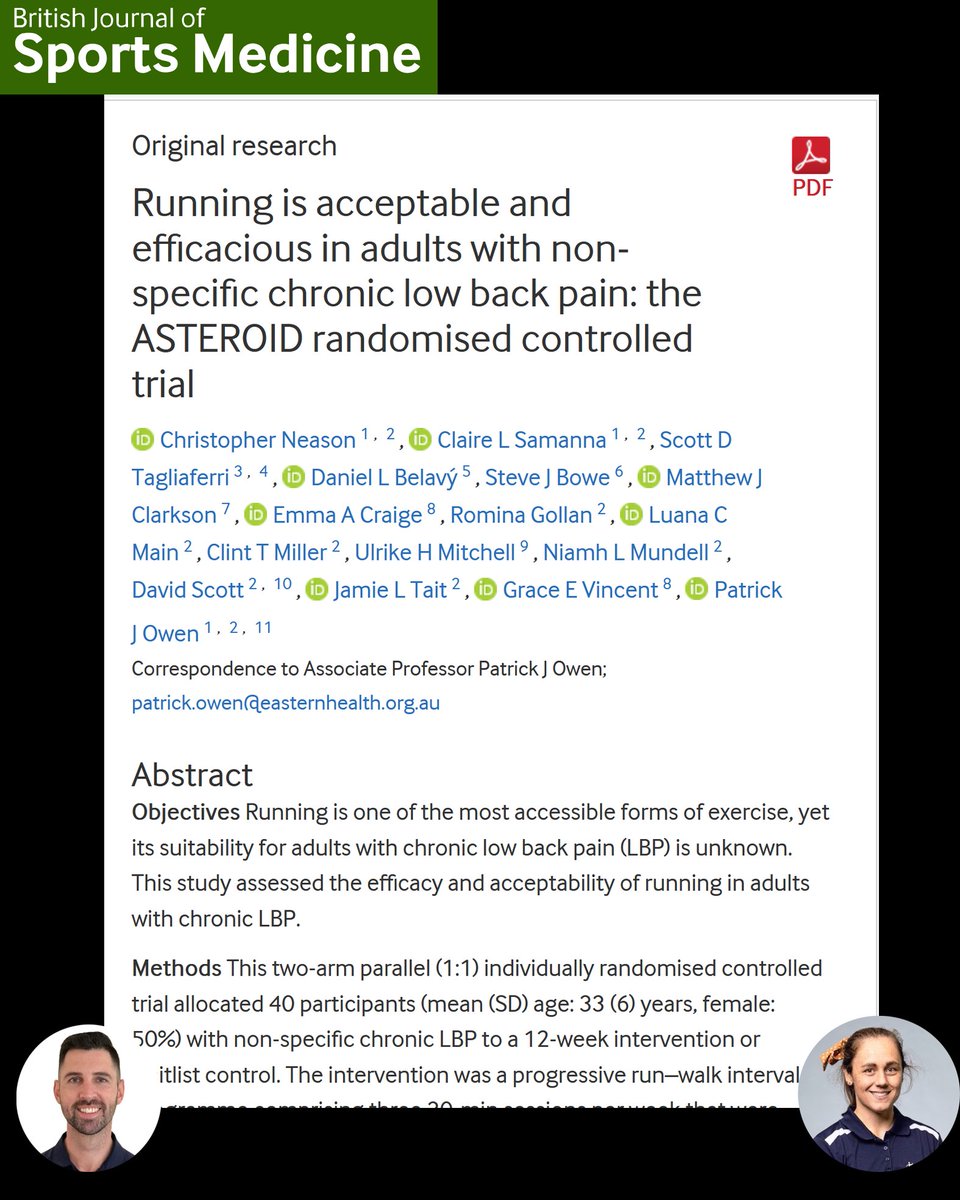 Chris Neason (@chris_neason) on Twitter photo Is running safe for people with low back pain? 🏃♂️🏃♀️
🔥 12-week RCT just published in <a href="/BJSM_BMJ/">British Journal of Sports Medicine (BJSM)</a> 🔥
"An individualised and conservative run-walk programme should be considered a suitable form of physical activity for adults with chronic low back pain"
bit.ly/run-back-pain Is running safe for people with low back pain? 🏃♂️🏃♀️
🔥 12-week RCT just published in <a href="/BJSM_BMJ/">British Journal of Sports Medicine (BJSM)</a> 🔥
"An individualised and conservative run-walk programme should be considered a suitable form of physical activity for adults with chronic low back pain"
bit.ly/run-back-pain