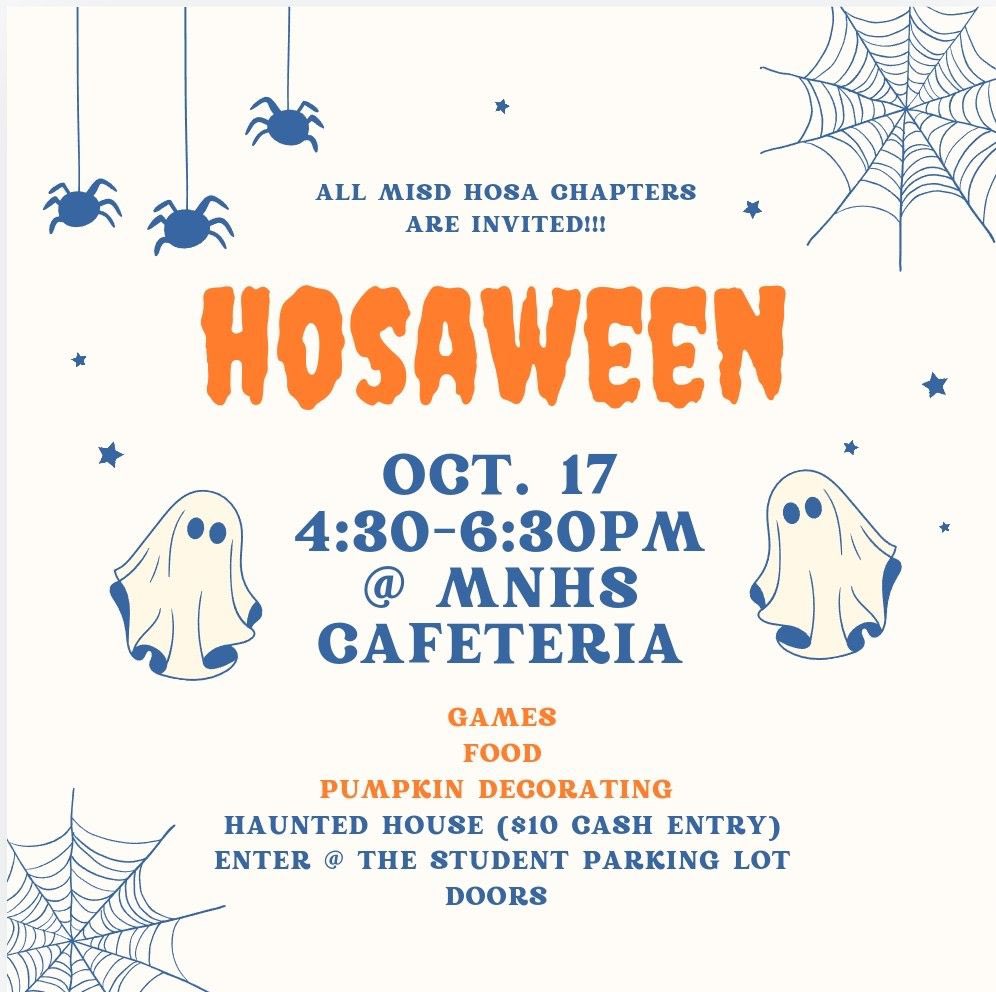 Join us next Thursday, October 17th, for Hosaween! At 6 pm, we will be going to the MNHS haunted house, so be sure to bring $10 cash for your entry fee. See you there!