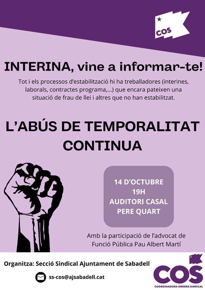 COSEducacio's tweet image. 👉🏽 La secció sindical de l&apos;Ajuntament de Sabadell de la @COSnacional organitza aquesta trobada informativa amb l&apos;advocat Pau Albert Martí.
#fixesa #capinterinalcarrer