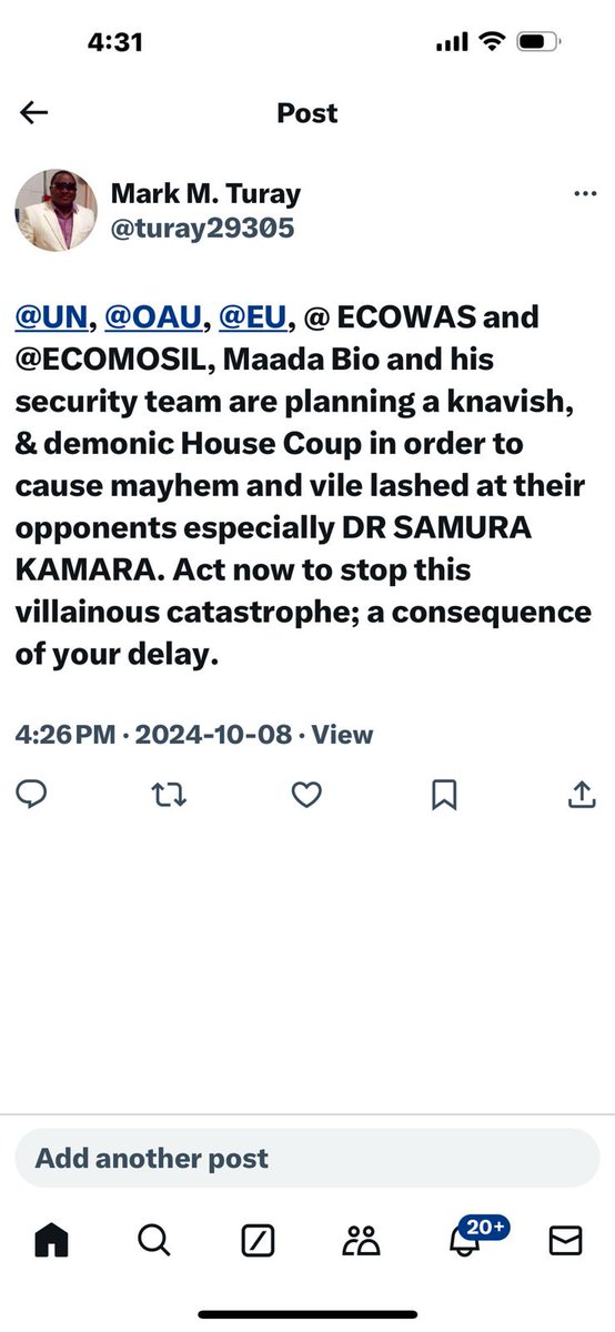Apc_iG_scatter's tweet image. Dis night Sierra Leone Government wan bring war dis night we dea call UN, OAU, EU, ECOWAS maada bio an his secretary team ar planning a knavish, an demonic house coup in order guys war is coming