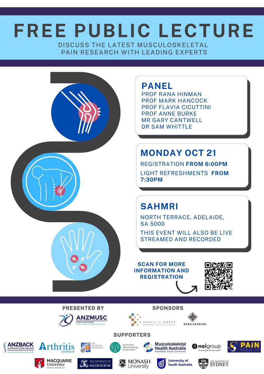 ANZMUSC (@anzmusc) on Twitter photo <a href="/ithinkwellHugh/">Hugh Kearns</a> We are also very excited for our Free Public Lecture where Profs. Flavia Cicuttini, <a href="/HinmanRana/">Prof Rana Hinman</a>, and <a href="/MarkHancockPT/">Mark Hancock</a> will discuss their recent MSK <a href="/TheLancet/">The Lancet</a> trials. Joined by Prof @anne__burke, Mr Gary Cantrell, and Dr. <a href="/samwhittle/">samwhittle</a>
Join us: tinyurl.com/4y4by3k2 <a href="/ithinkwellHugh/">Hugh Kearns</a> We are also very excited for our Free Public Lecture where Profs. Flavia Cicuttini, <a href="/HinmanRana/">Prof Rana Hinman</a>, and <a href="/MarkHancockPT/">Mark Hancock</a> will discuss their recent MSK <a href="/TheLancet/">The Lancet</a> trials. Joined by Prof @anne__burke, Mr Gary Cantrell, and Dr. <a href="/samwhittle/">samwhittle</a>
Join us: tinyurl.com/4y4by3k2