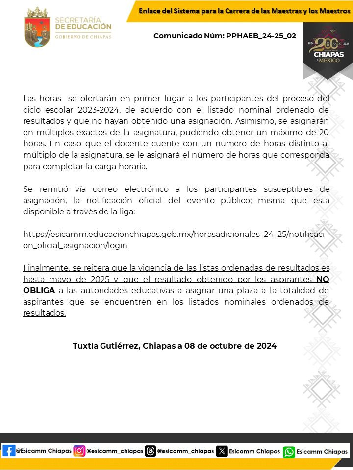 Edu_Chis's tweet photo. EVENTO PÚBLICO DE ASIGNACIÓN DEL PROCESO DE PROMOCIÓN A HORAS ADICIONALES EN EDUCACIÓN BÁSICA, CICLO ESCOLAR 2024-2025.

Se remitió vía correo electrónico a los participantes susceptibles de asignación, misma disponible a través de la liga:
https://t.co/51v10XYnbK https://t.co/tudVF7dRWt