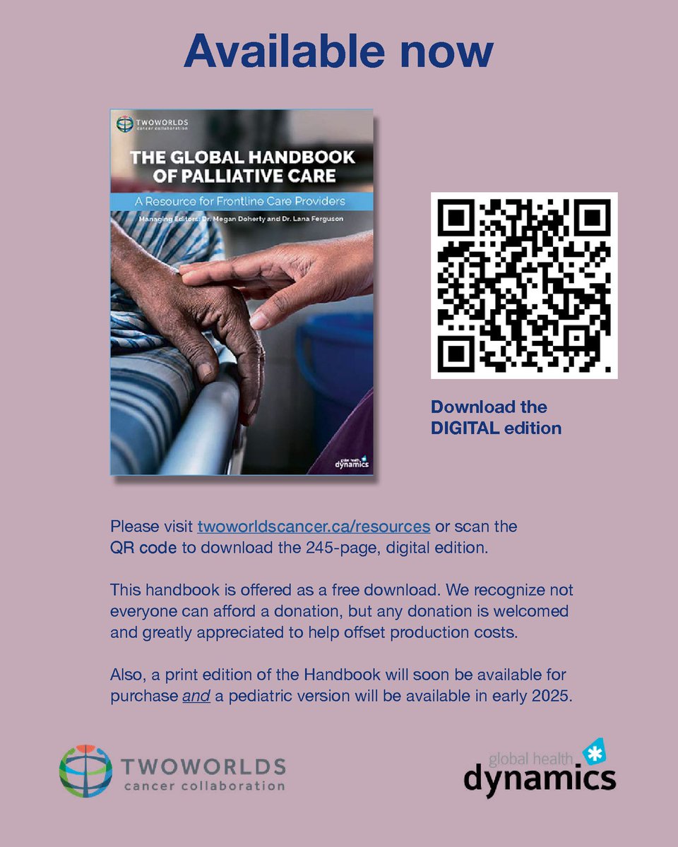 To all you healthcare providers out there: What better way to celebrate the upcoming World Hospice and Palliative Care Day (Saturday) than by downloading 'The Global Handbook of Palliative Care' ?

Download the digital version by visiting twoworldscancer.ca/resources