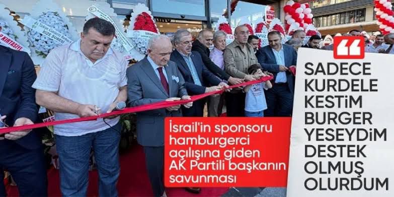 Ak parti iyi dere belediye başkanı tüm halkın ve Ak partinin boykot listesinin başında yer alan BURGER KİNG adlı firmanın açılışını yapıyor ama ben orada hiç yemek yemedim yeseydim İsraile destek vermiş olacaktım.
Diyen  #BaşkanSaffetMeteistifa etmeli.