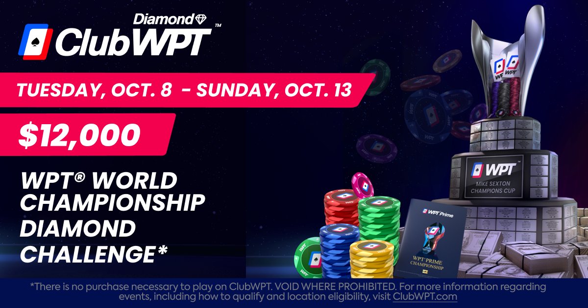 ClubWPT's tweet photo. ⏰It’s now 56 days and counting until the start of the 2024 @WPT World Championship festival running December 3-23, 2024 at @WynnLasVegas – will you join us?

Over two hundred (200+) @ClubWPT members have already qualified for a seat, but we have many more to give away before we set our sights on Sin City and tens of millions of dollars in combined prize pools.

So take action starting today! Compete online in our $12,000 WPT® World Championship Passport Diamond Challenge for a chance to win a $10,400 buy-in seat to the WPT® World Championship at Wynn Las Vegas, and $1,500 cash travel & hotel stipend.*

Weekly qualifiers leading up to the final at the end of the month running now:

Tuesday, Oct. 8 @ 6:30 PM ET
Thursday, Oct. 10 @ 8:30 PM ET
Friday, Oct. 11 @ 7:30 PM ET
Saturday, Oct. 12 @ 7:30 PM ET
Sunday, Oct. 13 @ 7:30 PM ET

💎 Not yet a https://t.co/RLHhN8MeAO Diamond? Join or upgrade TODAY for exclusive benefits including bigger prize cash pools, more live WPT® seats, smaller field sizes, no buy-ins, complimentary @LearnWPT poker strategy training, and so much more!*

🔗 https://t.co/H7AMWNdhW9
*NO PURCHASE NECESSARY. VOID WHERE PROHIBITED.