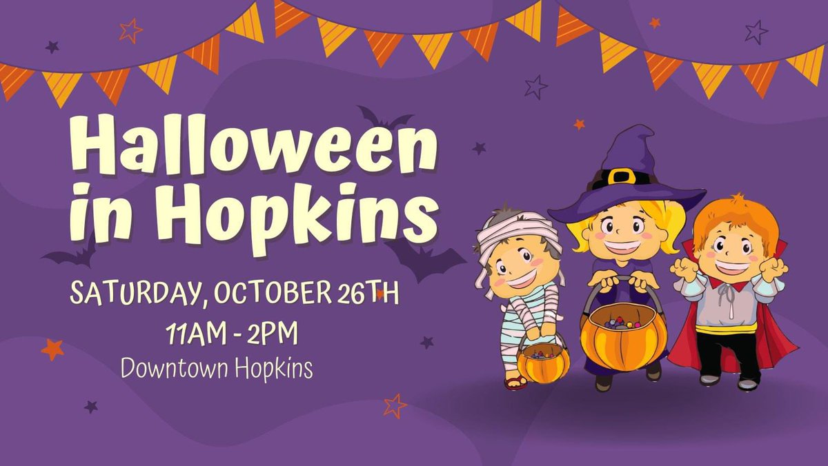 Saturday October 26th is the annual Halloween in Hopkins annual event in Downtown Hopkins. Halloween in Hopkins takes place Saturday, October 26th from 11 AM - 2 PM.