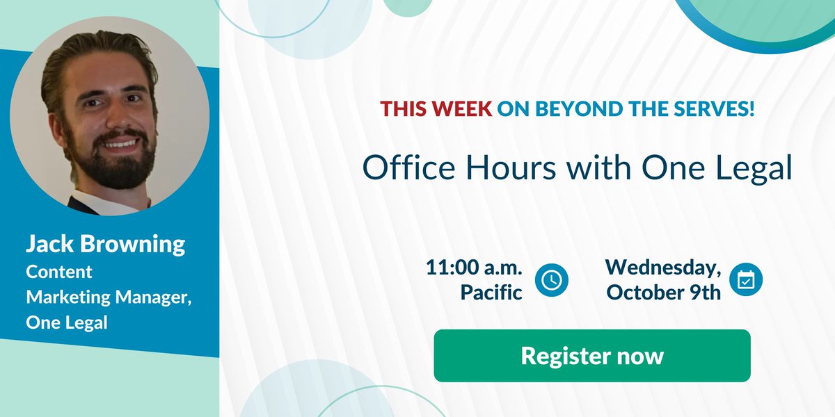 Join us for the next episode of Beyond the Serves! 

Our Content Manager, Jack Browning, will host an office hour session with our client success team.  Don’t miss your chance to ask questions, gain insights, and get the latest scoop on One Legal. 

Link: buff.ly/3U2cqsW