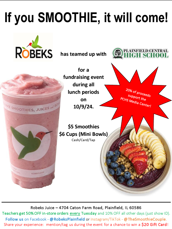 Smoothies tomorrow!  Come enjoy with us! 
Sold 4th-6th during lunches (outside the field house)
-Pina Koolada; Polar Pineapple; Strawnana Berry! 
-Strawnana Berry Bowls! 
$5 Smoothies &amp; $6 Bowls