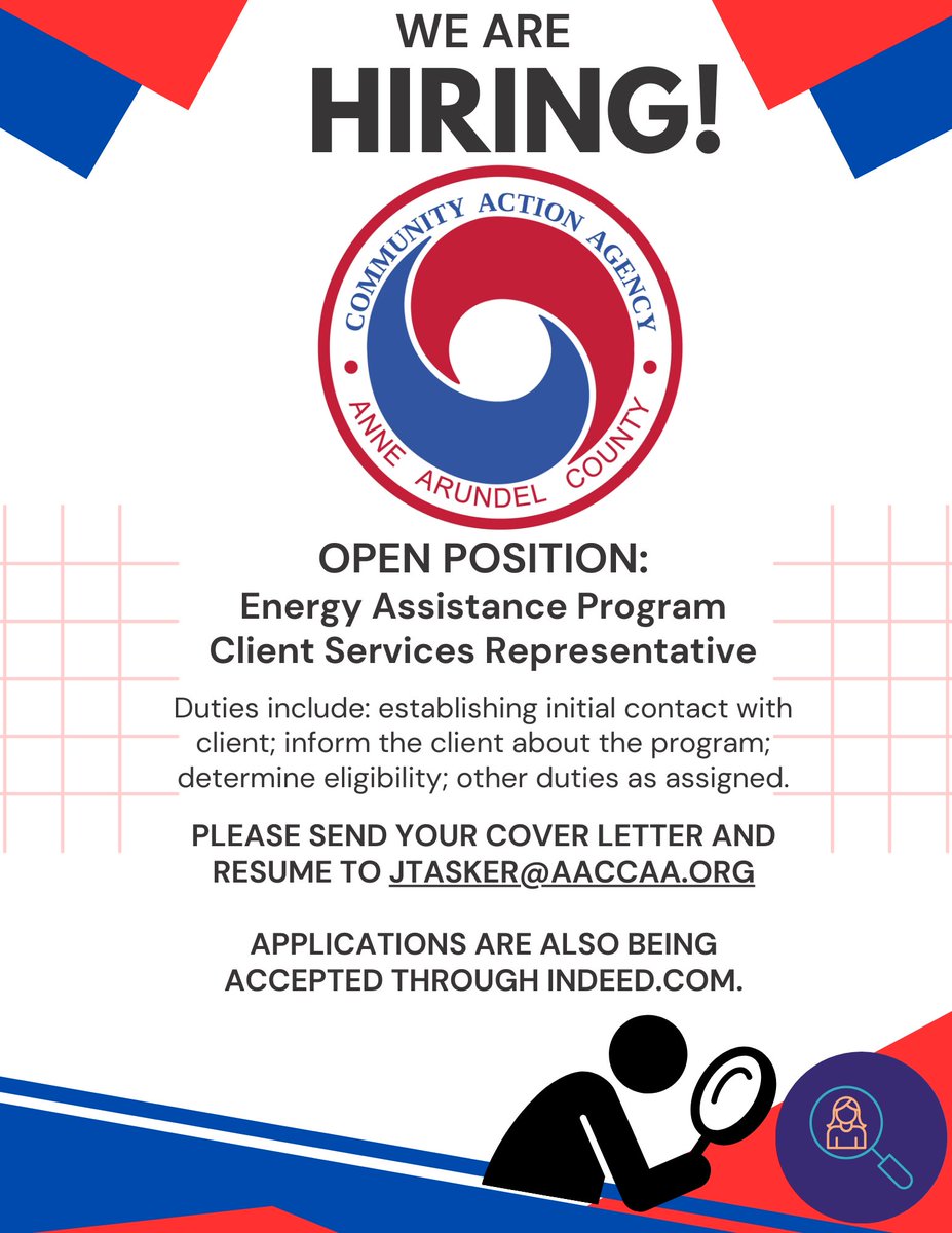 CAAAAC5's tweet photo. We are Hiring! The AACCAA is in need of a Client Services Representative in it's Energy Assistance Department. https://t.co/r8XpFGhGRZ