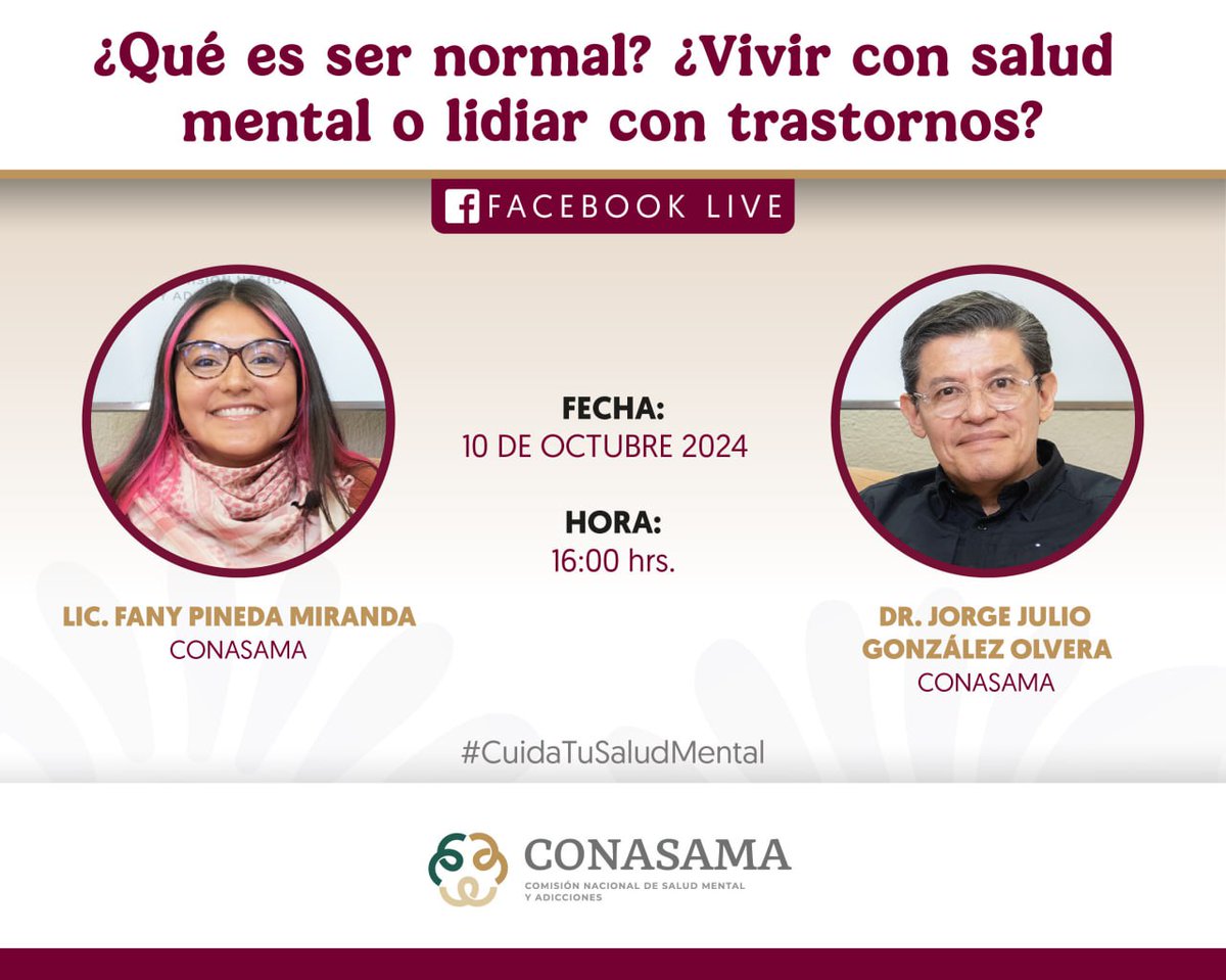 conasamamx's tweet photo. El estrés, la angustia o la tristeza son parte de la experiencia humana y no deben ser vistas de manera inmediata como trastornos de la salud mental.

Programa #CuidaTuSaludMental, con especialistas de la CONASAMA 

📌FBLive: ¿Qué es ser normal? ¿Vivir con salud mental o lidiar con trastornos?
📅10 octubre
🕓16:00 h