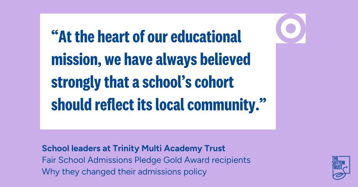 suttontrust's tweet image. 🏅 @trinity_mat have been recognised with the Fair School Admissions Gold Award - the first one awarded to a MAT - for their efforts in making positive change to their admissions policy!

Find out how they ensure fair access to their schools ⬇️

suttontrust.com/fair-school-ad…