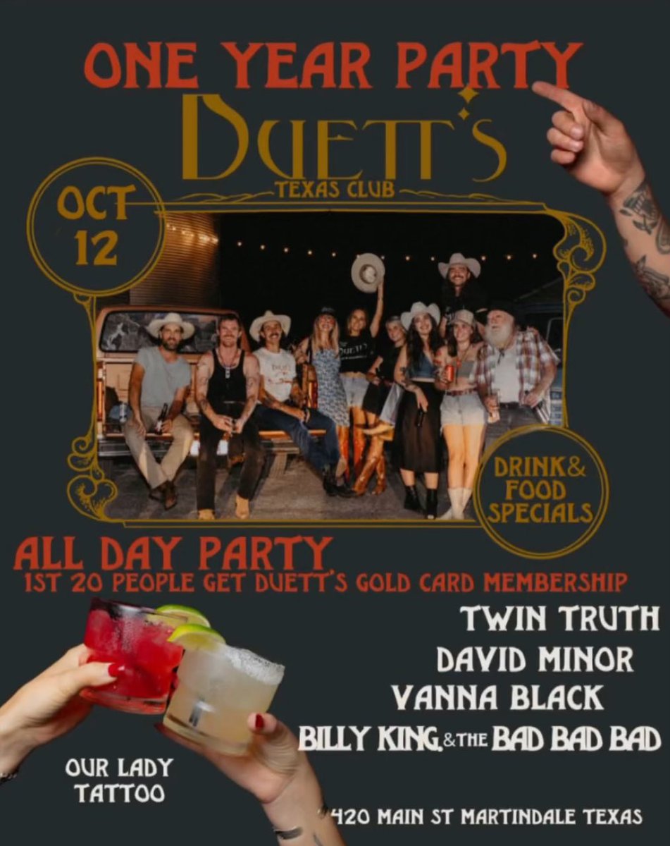 This Saturday, 10/12 we’re playing at Duett’s Texas Club in Martindale, TX! 
#martindale #duetts #rocknroll #lockhart