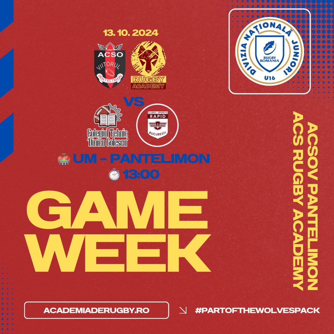 RO_RugbyAcademy's tweet image. 🐺🏉 The U16 team is aiming to continue their winning streak in this stage, where they will face a team with a strong tradition in Bucharest rugby: CT Dinicu Golescu - CS Rapid! 🔥  
🗓️ Sunday, 03.10.2024  
🏟️ UM Stadium, Pantelimon  
🕚 1:00 PM

#partofthewolvespack