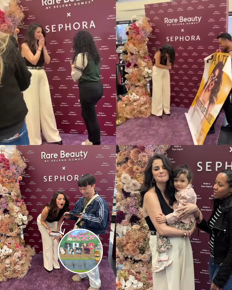 selegendipity's tweet image. this was probably the best meet and greet in YEARS. selenators are hilarious. here are her reactions to:

-a fan wearing the same shirt she wore in emilia perez
-a fan holding a huge pantene poster
-a fan designing animal crossing with her albums on their nintendo
- a baby fan🥹