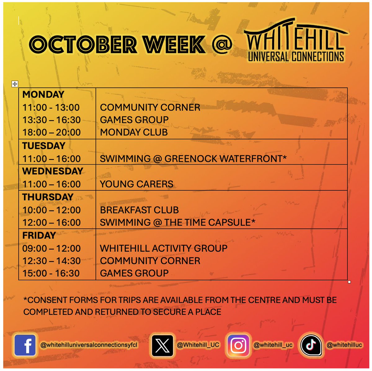 Whitehill Universal Connections October Week programme. We have limited places for both swimming trips, please pop along to the centre to register if interested. Looking forward to seeing everyone 📷📷📷📷📷📷...