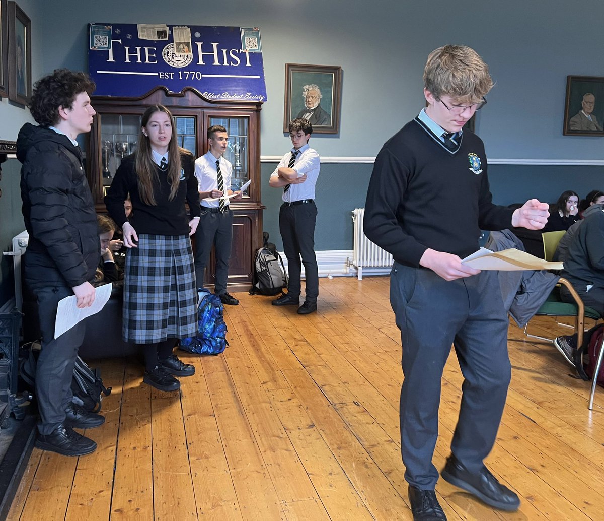 Our 8 senior students, with mentor Mr. Mulligan, making their final preparations at <a href="/tcddublin/">Trinity College Dublin</a> in round one of the <a href="/TheHist/">The Hist</a> Leinster Schools debating competition tonight.