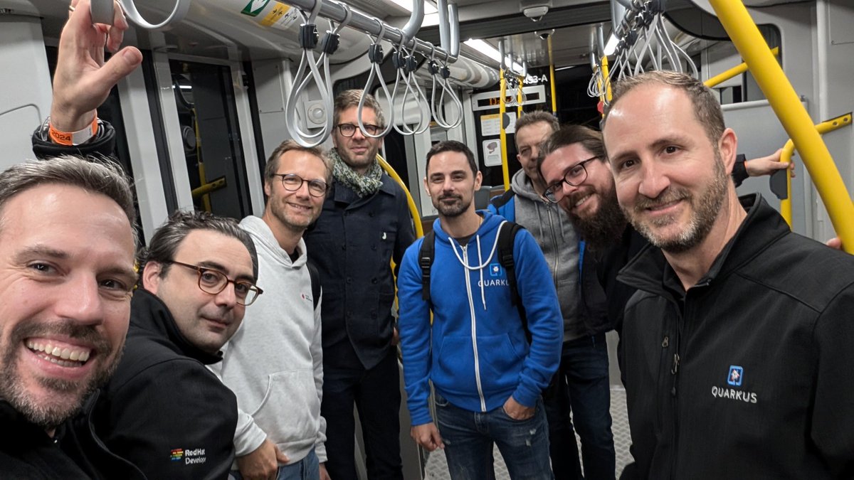 Kevin Dubois 🇧🇪🇪🇺 (@kevindubois) on Twitter photo Are we still doing tram selfies for #Devoxx? Here's one with a bunch of <a href="/QuarkusIO/">Quarkus</a> people 😃
<a href="/clementplop/">Clement Escoffier</a> <a href="/emmanuelbernard/">Emmanuel Bernard</a> <a href="/gsmet_/">Guillaume Smet</a> <a href="/geoand86/">Georgios Andrianakis</a> <a href="/xstefank/">Martin Stefanko</a> <a href="/edeandrea/">Eric Deandrea (@ericdeandrea.dev)</a> Are we still doing tram selfies for #Devoxx? Here's one with a bunch of <a href="/QuarkusIO/">Quarkus</a> people 😃
<a href="/clementplop/">Clement Escoffier</a> <a href="/emmanuelbernard/">Emmanuel Bernard</a> <a href="/gsmet_/">Guillaume Smet</a> <a href="/geoand86/">Georgios Andrianakis</a> <a href="/xstefank/">Martin Stefanko</a> <a href="/edeandrea/">Eric Deandrea (@ericdeandrea.dev)</a>