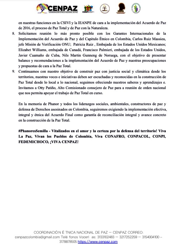 Declaración
II Encuentro CENPAZ 2024
Pueblos y Autoridades <a href="/conpicolombia/">CONPI Coordinación Nacional de Pueblos Indígenas</a> <a href="/CONAFROColombia/">CONAFRO</a> <a href="/ConpazCol_/">Conpazcol</a> <a href="/fedemichoco/">FEDEMICHOCO</a> <a href="/IEANPE_/">Instancia Especial de Alto Nivel Pueblos Étnicos</a> por Paz a favor de Biodiversidad y homenaje a #PhanorEsSemilla

Llamado <a href="/USEmbassyBogota/">US Embassy Bogota</a> <a href="/anchondop/">Patricia Ruiz Anchondo</a> <a href="/efwilliams1/">Elizabeth Williams</a> <a href="/CaamanoCairo/">Javier Caamaño Cairo</a> <a href="/NoruegaenCOL/">Noruega en Colombia</a> <a href="/MisionONUCol/">Misión de la ONU en Colombia</a>