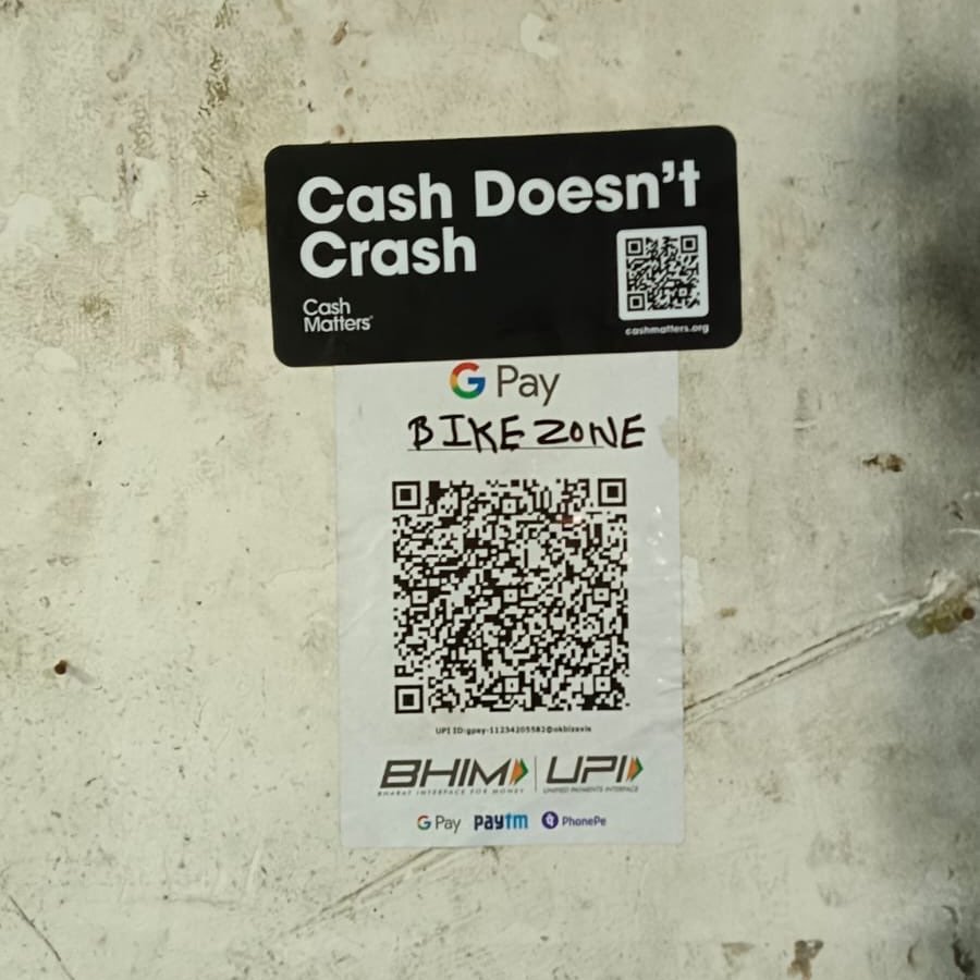 This bike shop in Mumbai, India offers a range of payments, ensuring customers can pay however they choose. Should cashless options be temporarily unavailable, however—for example during a power or internet outage—cash doesn't crash!