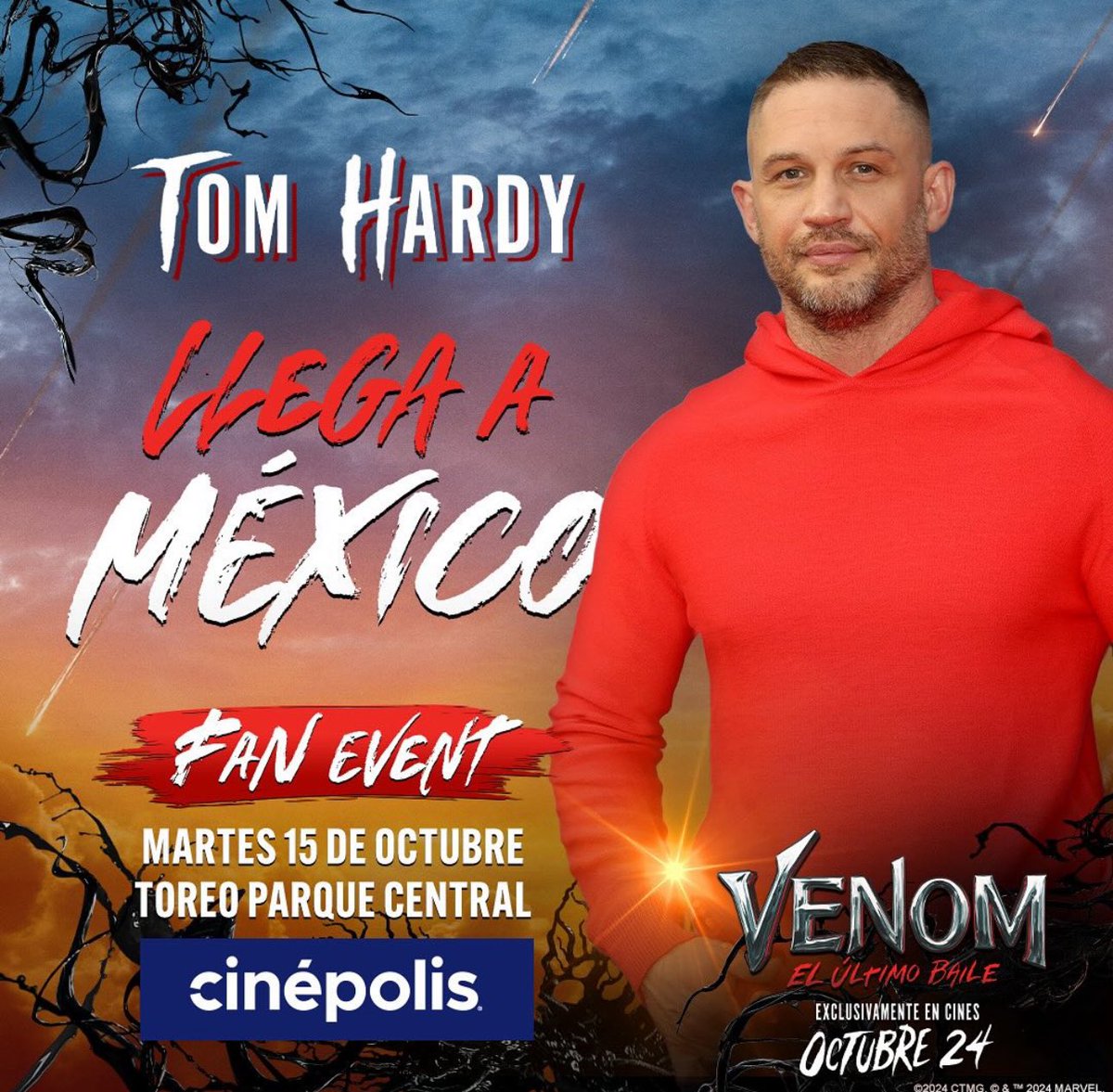 ¡Únete a la fiesta! 🎉  Tom Hardy viene a Toreo Parque Central para promocionar Venom: El Último Baile. ¡Atentos a nuestro Instagram y X por que nosotros tenemos sus pases dobles para que asistan al Fan Event! 🤩💥

#TomHardy #VenomElUltimoBaile #FanEvent #cortesias