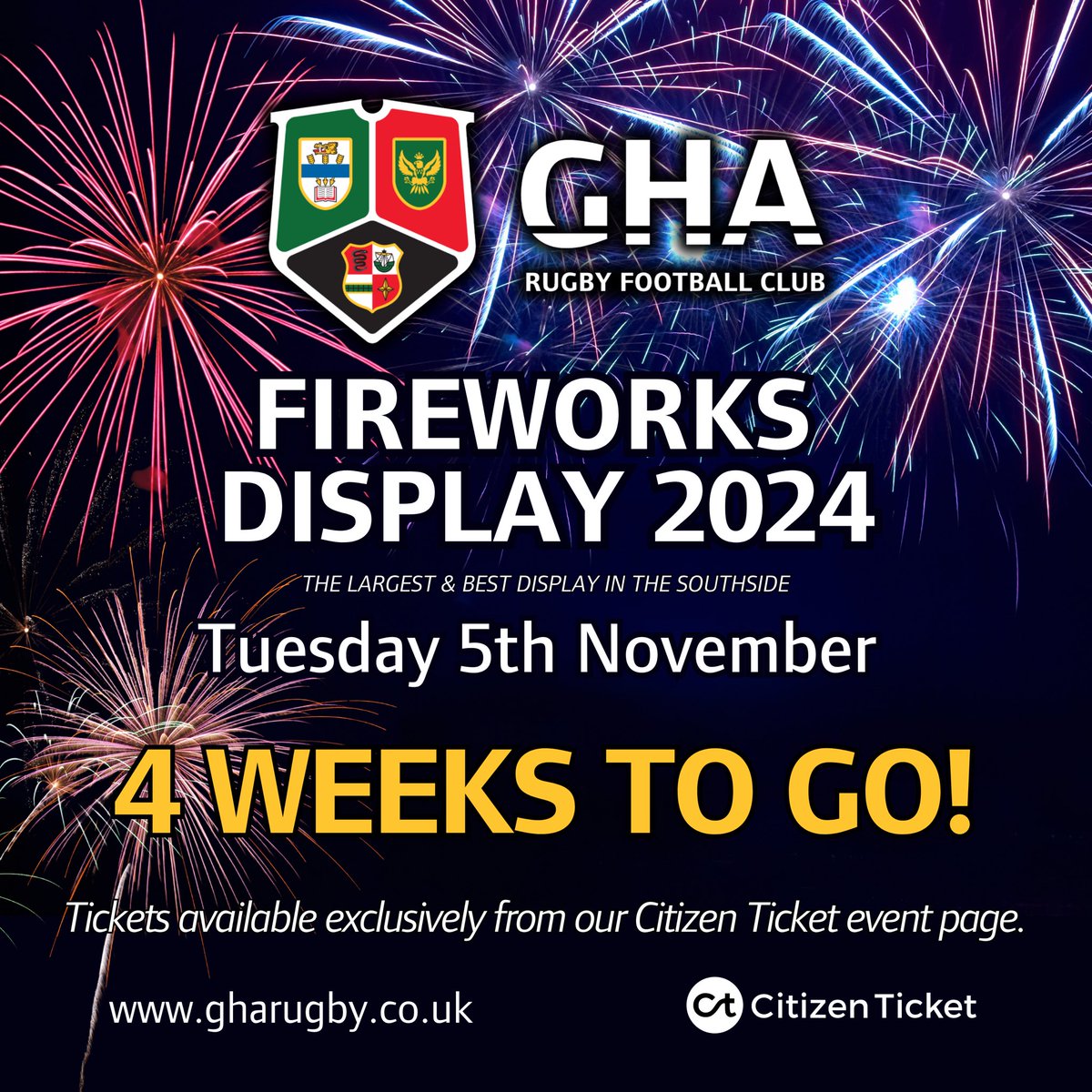 🎆GHA FIREWORKS 2024- 4 WEEKS TO GO

Join us on Tues 5th Nov for the largest and best display in the Southside. 

Tickets are selling fast! Available exclusively from our <a href="/citizenticket/">Citizen Ticket</a> event page.

Get your tickets and full details now: tikt.link/GHAFireworks24

#GHARugby