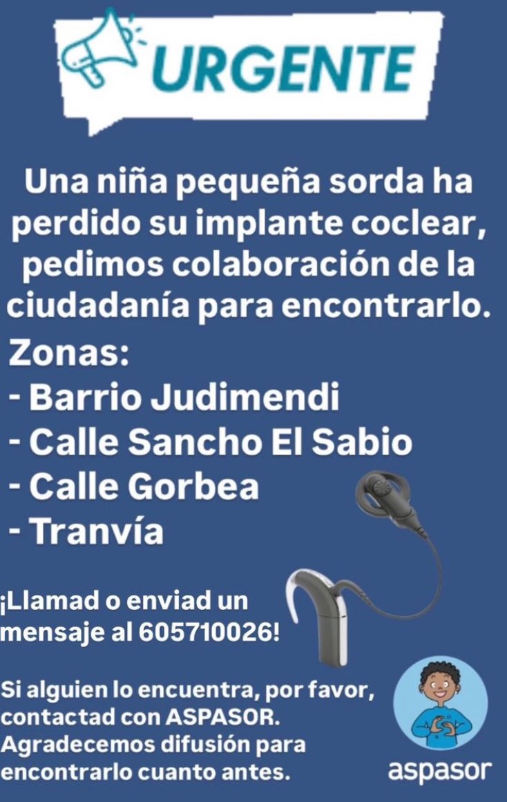 Twitter o X haz tu magia y encuentra el implante coclear que ha perdido la niña pequeña.

<a href="/ASPASOR/">Aspasor Alava</a>