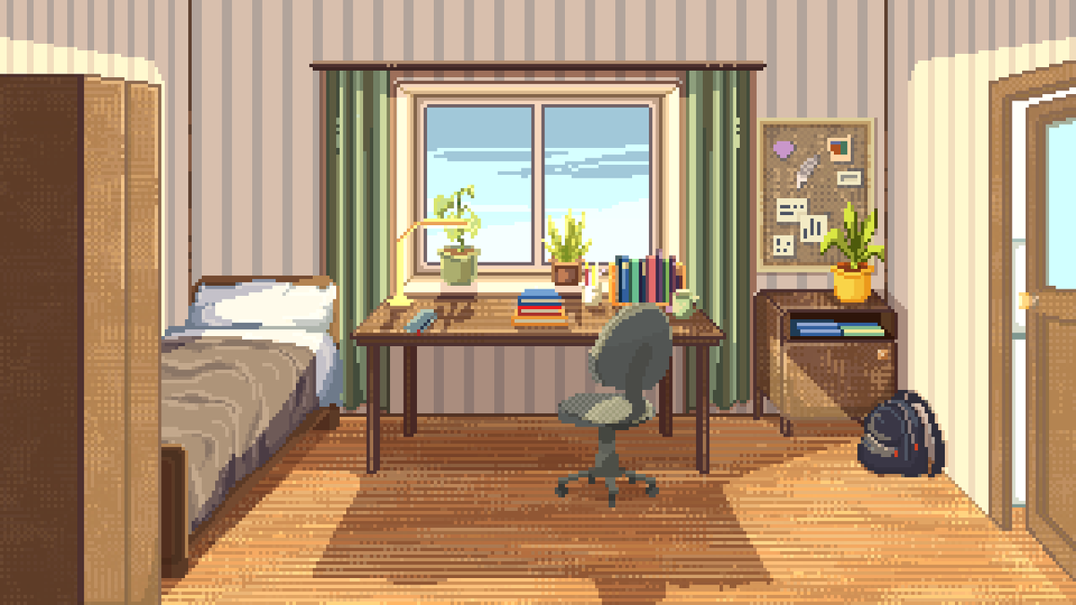 This is your new home. In the room, you can take a break or prepare for the next study day; in the kitchen, you can cook food to stock up on energy for future adventures.
During the game, you can buy lights and posters for the walls to create the atmosphere in your home.