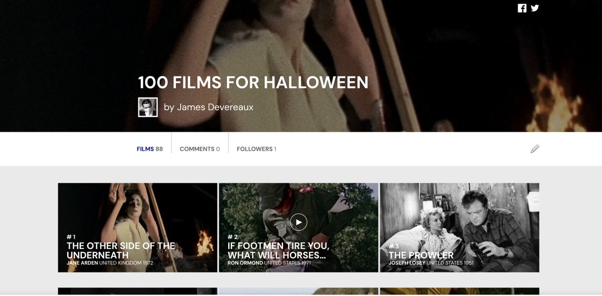 I don't know what year it was, probably two or three years ago, we started a TOP 100 FILMS FOR HALLOWEEN list.

But we only got to 88 titles. 

If anyone can help me out with the final 12, I'd be grateful....
mubi.com/en/lists/100-f…