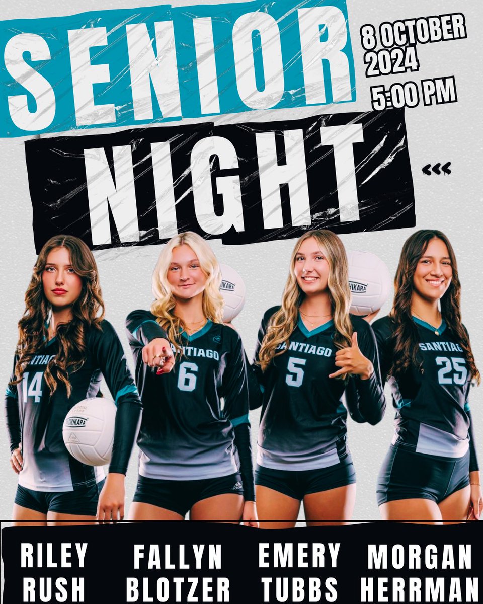 🚨SENIOR NIGHT🚨
Join us Tuesday October 8th at 5:00 PM as we honor our four seniors. Come down and watch some of the best to ever don a Santiago uniform.