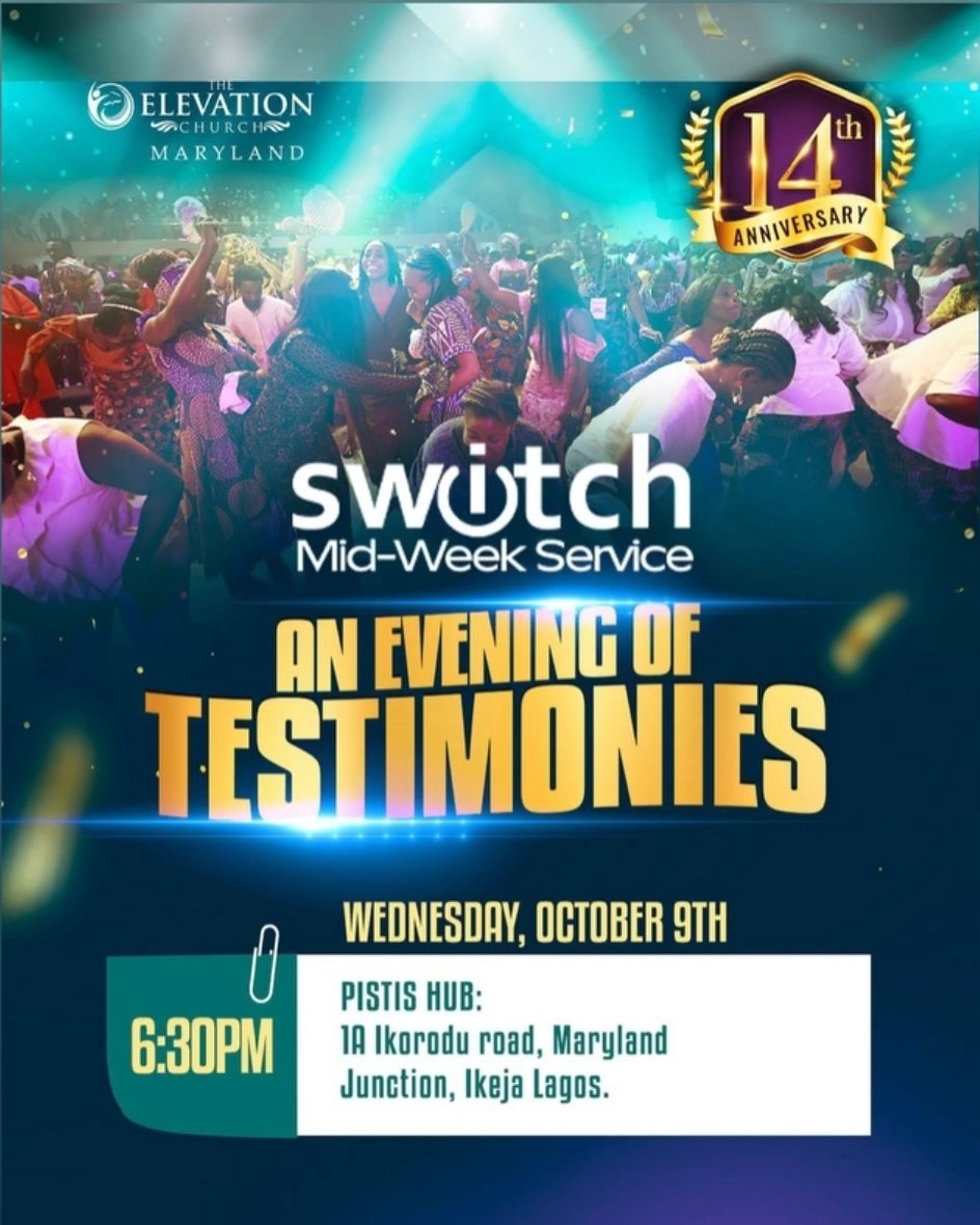 elevationMD's tweet photo. This Wednesday at #Switchis going to be an evening of #Testimonies, as we reminisce on God's goodness at The Elevation Church.
Don't forget to also join #PreSwitch prayers at 5:30pm as we learn about #PrayersThatWork
#Switch
#MidWeekService
#OnEaglesWings
#ElevationMD https://t.co/dL27X1vXOv