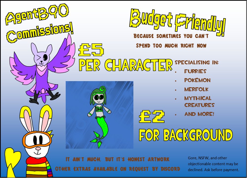 AgentB90's tweet image. I'm taking commissions now!

Please refer to this sheet for details.

Reach me on Discord, same username, if you're interested.

#Commission #art