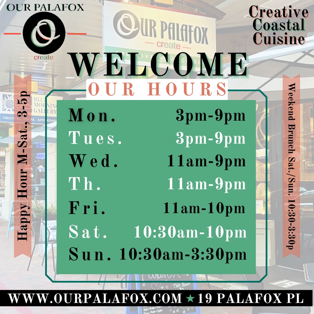 💫We welcome you to Our Palafox for delicious #creativecoastalcuisine🍤. Come give us a visit for fantastic food, great drinks🍹, and fun times, all mixed in with some Palafox history. 

Check out our menus at ourpalafox.com/menu. We’d love to serve you soon!