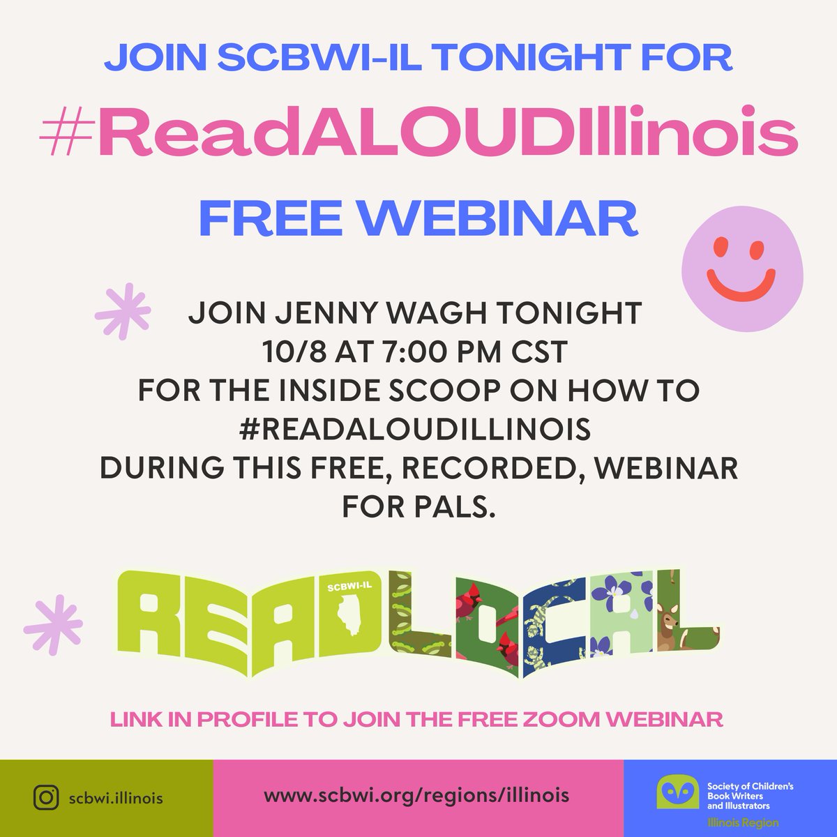 Join us tonight for a FREE Webinar that explains #ReadLALOUDIllinois Day with Jenny Wagh 7:00 PM. Link to join zoom is on our profile or scbwi.org/regions/illino…