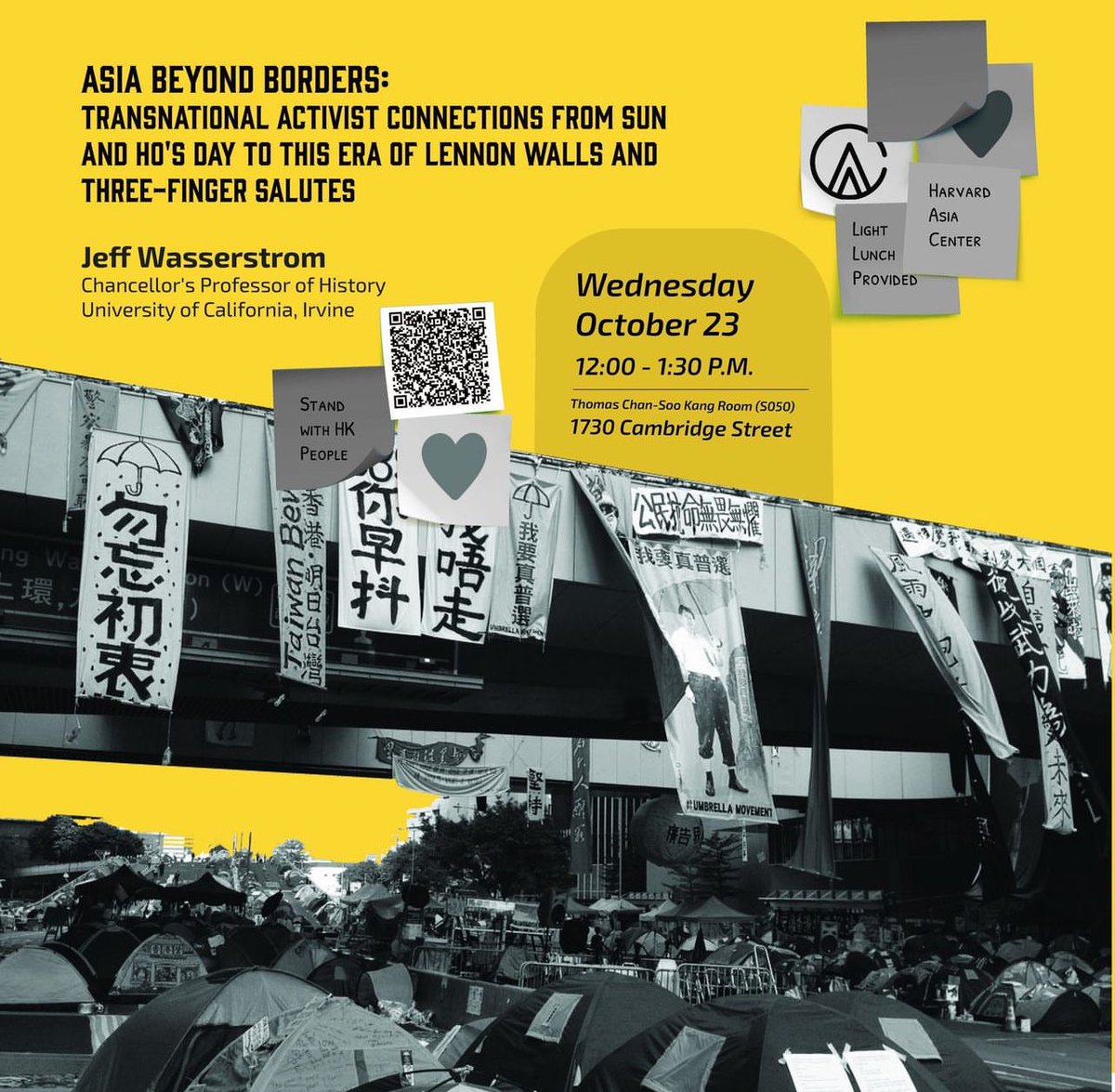 **Upcoming Event**
Wednesday, October 23, 12:00 - 1:30 P.M.
S050, 1730 Cambridge St. 
Speaker: Jeff Wasserstrom, Chancellor's Professor of History at the University of California, Irvine 

More details: asiacenter.harvard.edu/events/asia-be…