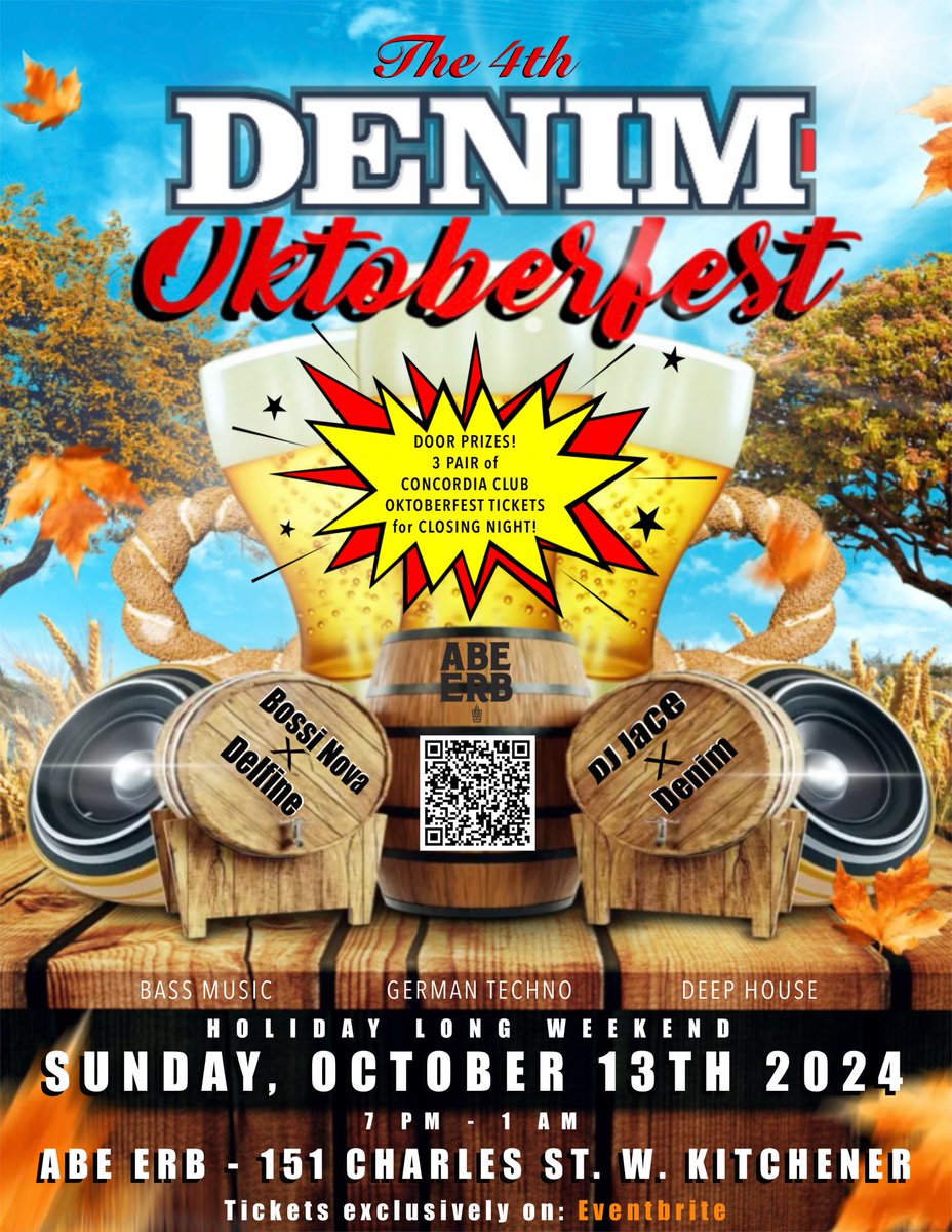 Denim Oktoberfest is back this long weekend Thanksgiving SUNDAY OCT. 13th in Kitchener!!!

#denimentertainment #kitchenerevents #kwoktoberfest #germantechno #techno #bassmusic #deephouse #techhouse #edm #livedjs #kitchener #waterloo 

E-Tickets: 
eventbrite.ca/e/the-4th-deni…