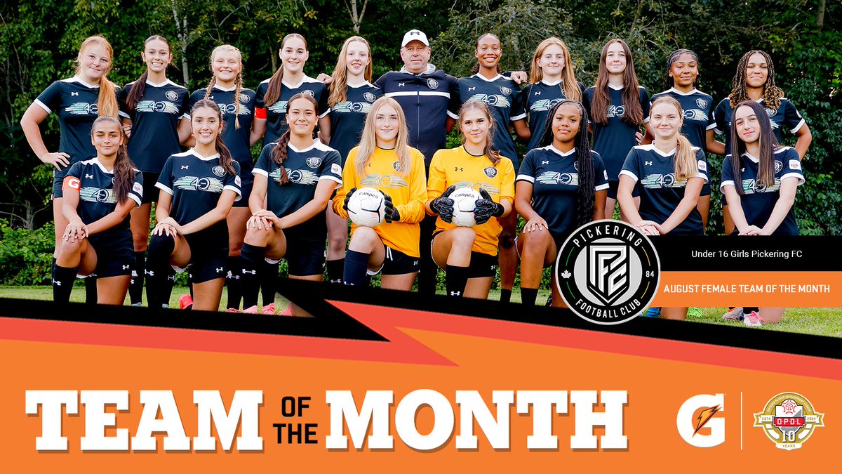 OntarioIsSoccer's tweet photo. Congratulations to @PickeringFC U16 Girls, the @Gatorade's Girls Team of the Month for August! The squad was on fire, with six wins and three clean sheets. 👏

See the full list of winners here:
https://t.co/FRt2GqQaHl

#Gatorade #OTM #OPDL10 #OPDL #PlayInspireUnite https://t.co/lI8yV65WWV
