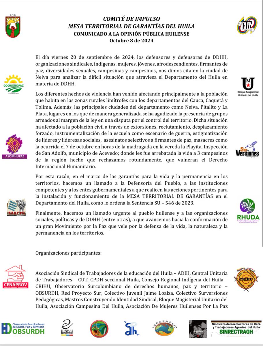 ProyectoCres's tweet photo. 📢 #Atencion Comunicado a la Opinión Pública ¡Se requiere instalar Mesa Territorial de Garantías en el departamento del Huila!

El pasado 20 de septiembre las organizaciones defensoras de DDHH se reunieron en la ciudad de Neiva para analizar la difícil situación.

#SomosCRES ✊🏽 https://t.co/XLf9FGf7UZ