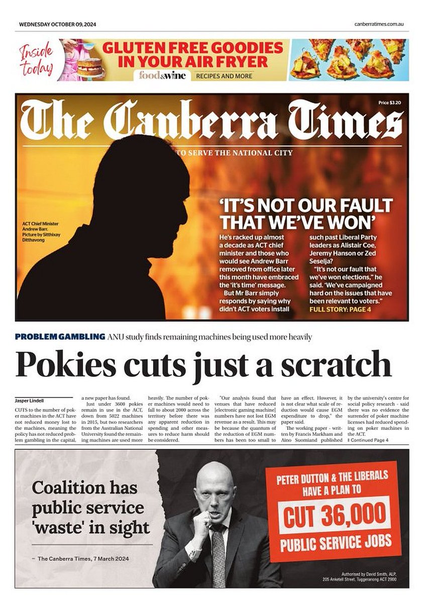 𝙵𝚛𝚘𝚗𝚝 𝙿𝚊𝚐𝚎𝚜 𝚃𝚘𝚍𝚊𝚢 📰 (@ukpapers) on Twitter photo 🇦🇺 Pokies Cuts Just A Scratch
▫Cuts to ACT poker machines have not reduced gambling harm: research
▫<a href="/jclindell/">Jasper Lindell</a>
#frontpagestoday #Australia <a href="/canberratimes/">Canberra Times</a> 🇦🇺 🇦🇺 Pokies Cuts Just A Scratch
▫Cuts to ACT poker machines have not reduced gambling harm: research
▫<a href="/jclindell/">Jasper Lindell</a>
#frontpagestoday #Australia <a href="/canberratimes/">Canberra Times</a> 🇦🇺