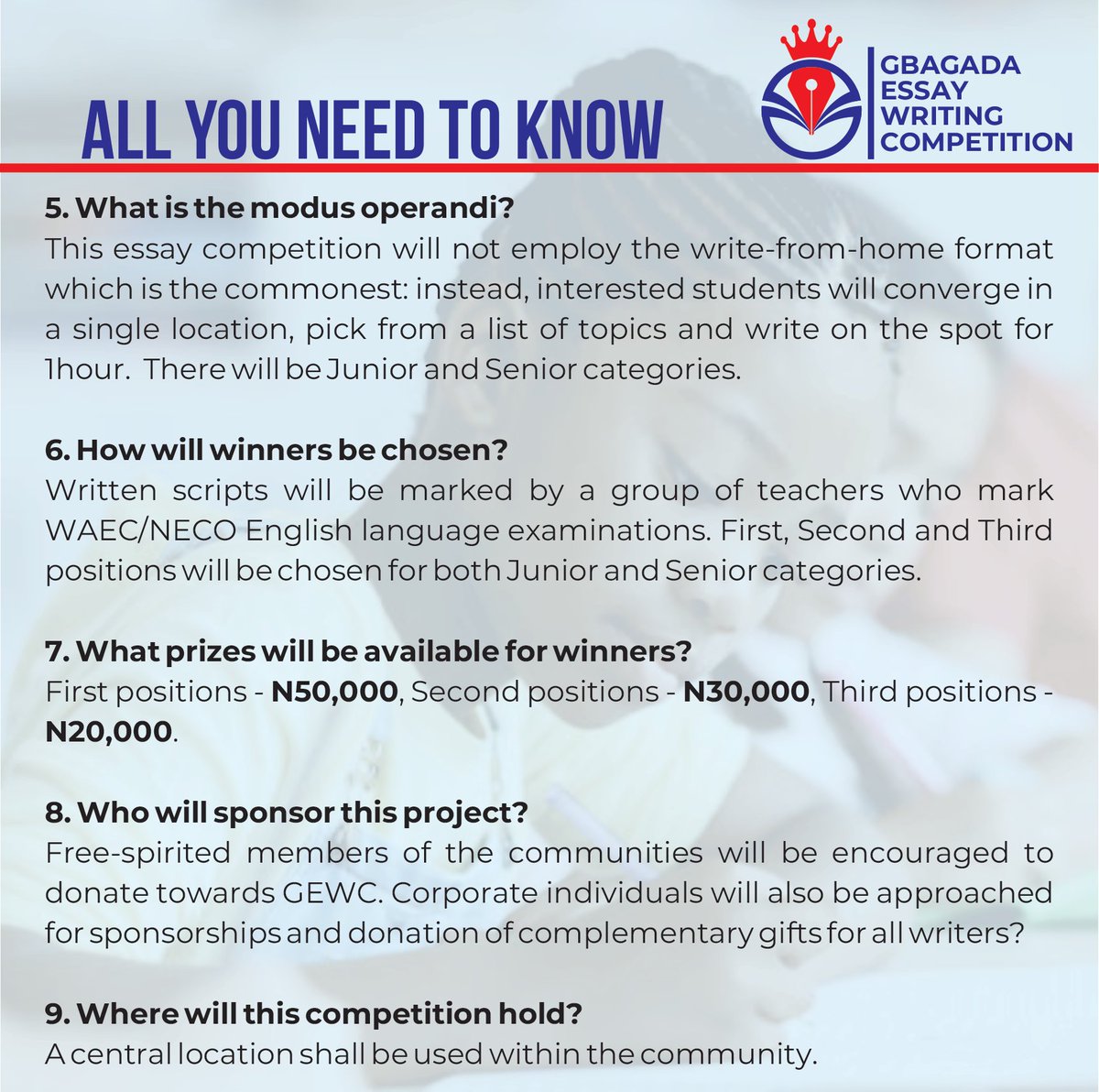 MyGbagada's tweet image. ICYMI

Gbagada Essay Writing Competition

#GEWC
