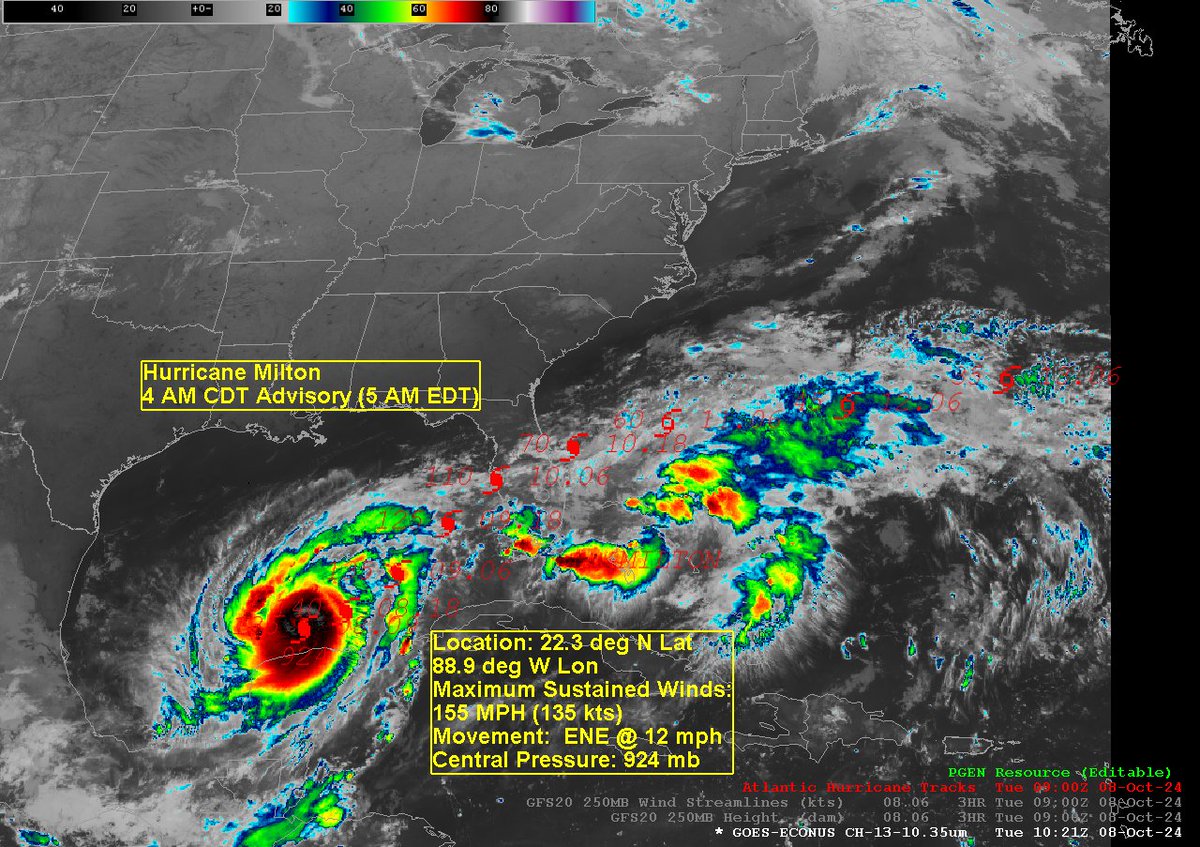 BayStateWeather's tweet image. Hurricane Milton presently a category 4 hurricane.......

As of 5am EDT this morning Hurricane Milton was located at 22.3 deg N Latitude and 88.9 deg W Longitude which puts Milton 520 mi SW of Tampa, FL.

I am using the 5am advisory due to the fact that the track graphic that is…