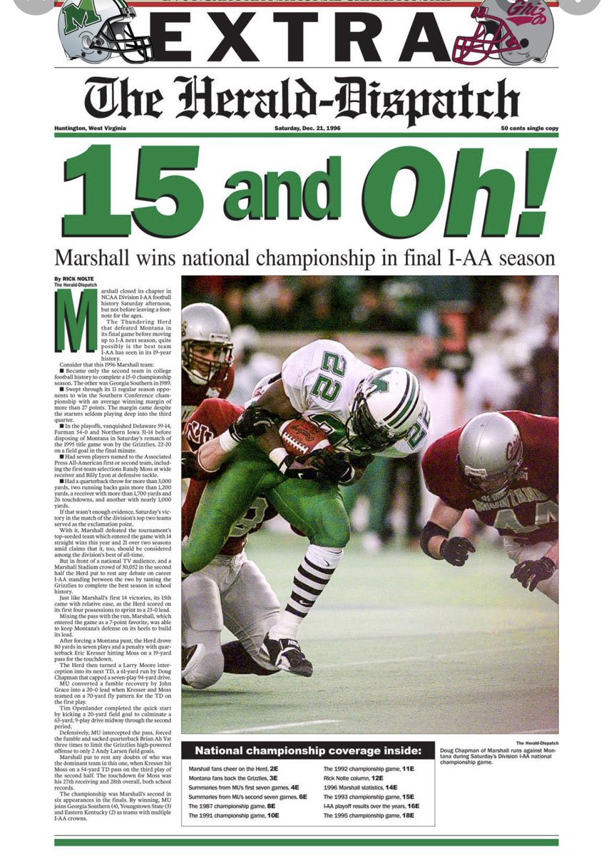 TomBraggSports's tweet image. It already had its hooks in me, but Marshall lost the 1995 I-AA national title game at home to Montana when I was 11 and it ripped my guts out. The next year the Herd came back with Randy Moss, dark visors, striped socks and SMASHED Montana in the title game. It was over for me.