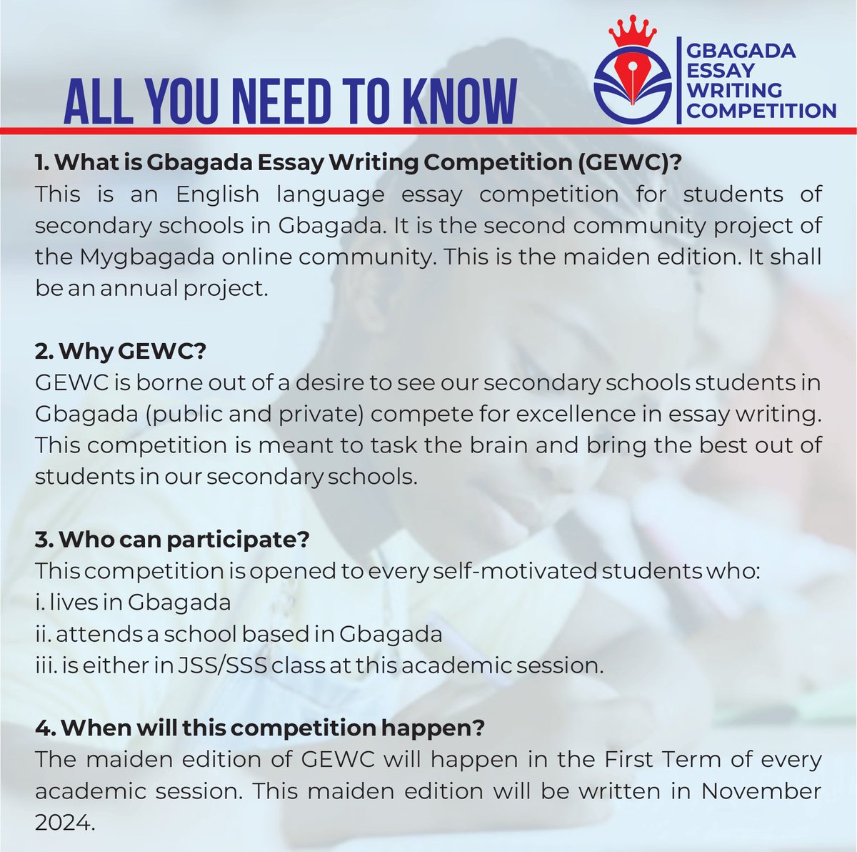 MyGbagada's tweet image. ICYMI

Gbagada Essay Writing Competition

#GEWC