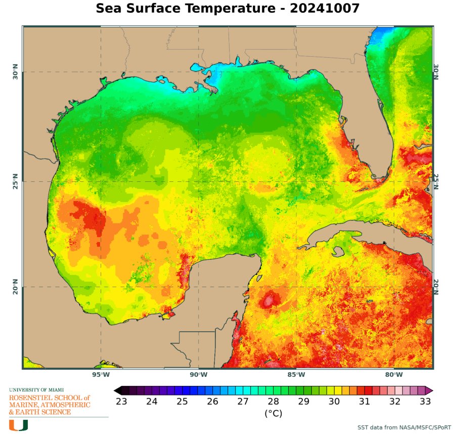AndyHazelton's tweet photo. This afternoon's bout of intensification in #Milton is pretty remarkable given the SST just north of the Yucatan is "only" about 28-29C. It's actually about to move into even warmer water, 30-31C, over the loop current in the SE Gulf. Whether it takes full advantage depends on the core structure (does an ERC start), but the theoretical MPI ("speed limit") here is probably pushing the boundaries of what this basin/planet can produce.