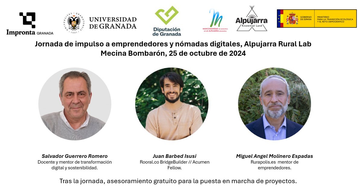 El proximo 25 de octubre estaremos en la jornada de apoyo a #emprendedores y #nómadas #digitales en la Alpujarra 👉Programa e inscripciones en forms.gle/hAmgQHXt92oyi7…  con <a href="/fademur/">FADEMUR</a> <a href="/aemprende/">Andalucía Emprende</a> <a href="/dipgra/">Diputación de Granada</a> <a href="/CanalUGR/">Universidad Granada</a> <a href="/JuanBarbed/">Juan Barbed Isusi</a> <a href="/SalvadorGRomero/">Salvador Guerrero R.</a>