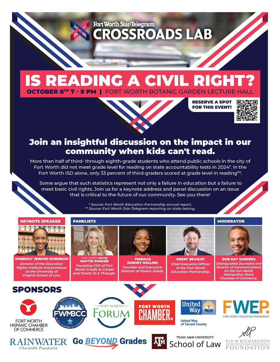 Reminder that tonight is the Star-Telegram town hall: Is Reading a Civil Right? with keynote speaker Kimberly Jenkins Robinson. 

Don't worry if you didn't get registered before the auditorium filled up, it will be live streamed at the links below. 

buff.ly/4eBViT6