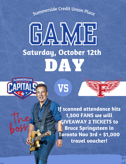 SsideCapitals's tweet photo. BRUCE SPRINGSTEEN GIVEAWAY! If we hit 1500 fans at Saturday night's game we'll give away 2 tickets and a $1000 travel voucher to a lucky fan in attendance to see "THE BOSS" in Toronto on Nov 3rd! Get your tickets at the @CUPevents website or at the box office. #CapsArmy https://t.co/4Rue7zhJf3