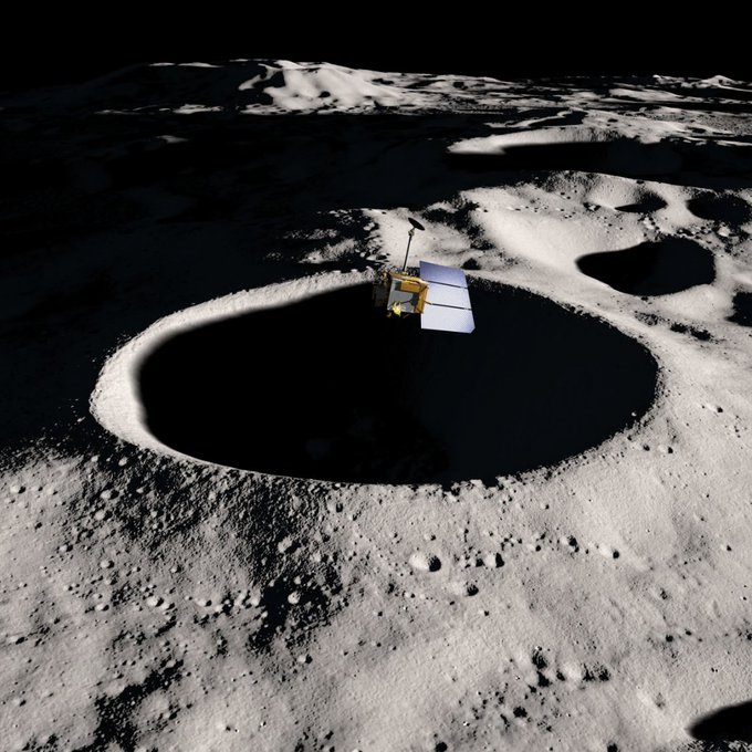 Visualization of the LRO spacecraft orbiting the Moon, with a large, deeply shadowed crater on the lunar surface below the orbiter.