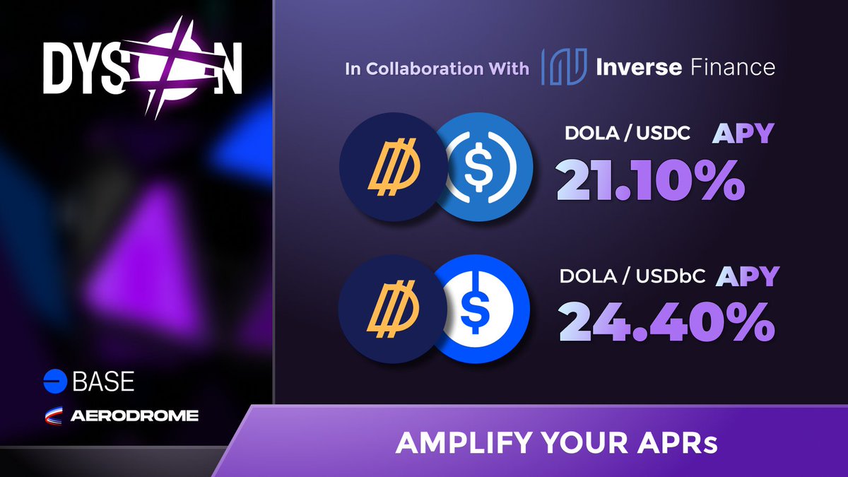 Get ready to level up your stablecoin portfolio! Explore the $DOLA stablecoin from <a href="/InverseFinance/">Inverse</a> and take advantage of our auto-compounding vaults for $DOLA - $USDC &amp; $DOLA - $USDbC! 

$DOLA - $USDC ➡️ app.dyson.money/all?id=dyson-b…

$DOLA - $USDbC ➡️ app.dyson.money/all?id=dyson-b…